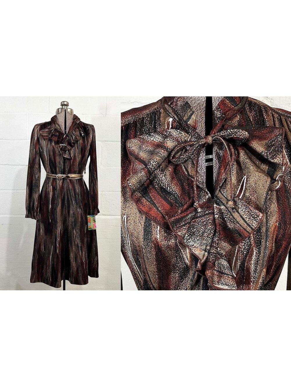 Vintage Jorana Modell Brown Dress Ruffle Collar Long Sleeves 1960s 1970s Large
